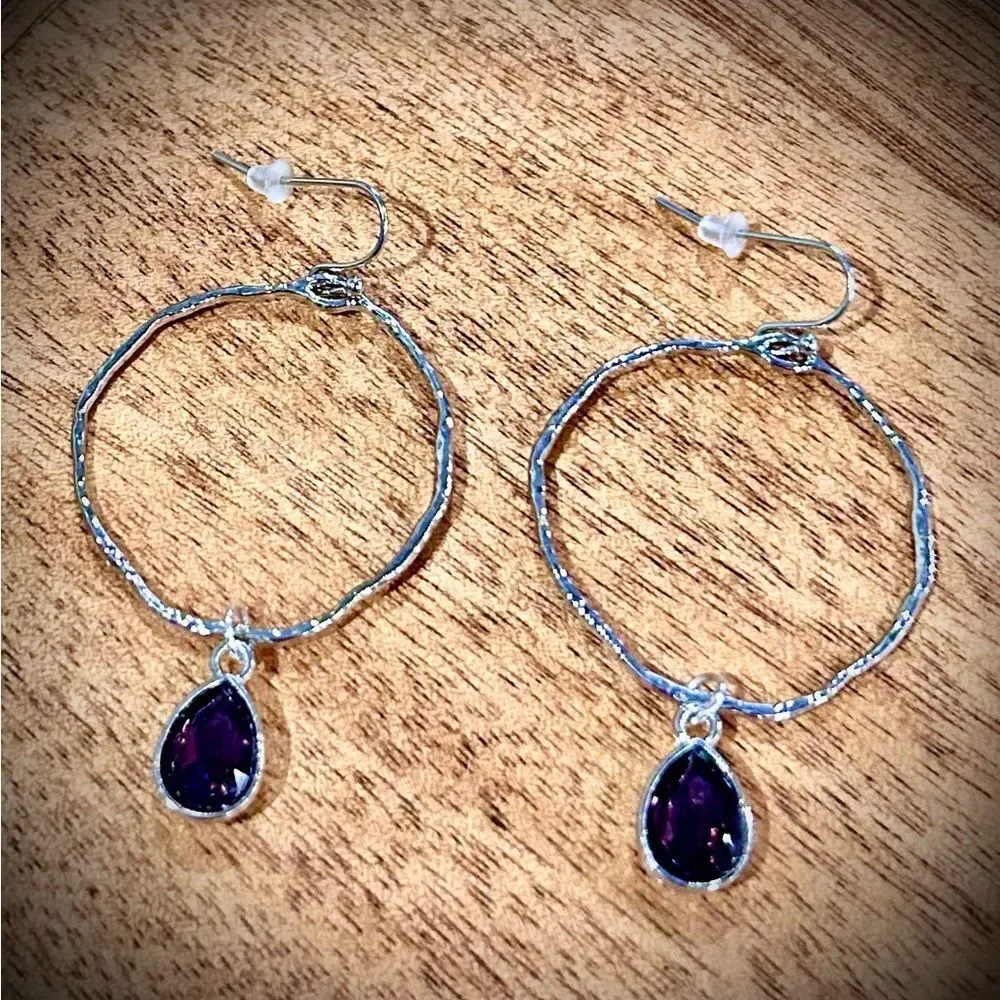 Purple -Textured Silver Hoop Drop Earrings Dark Purple Charm Formal Casual Chic